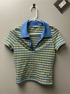 Zara Women’s Blue & Yellow V Neck Textured Collared Shirt